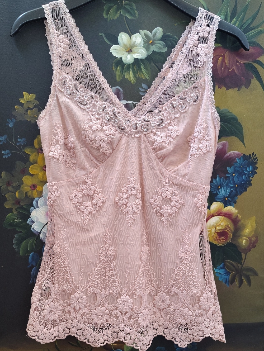 Y2K Karen Kane Embroidered Mesh Overlay Top w/ Sequins, Dusty Rose, Cotton Blend
